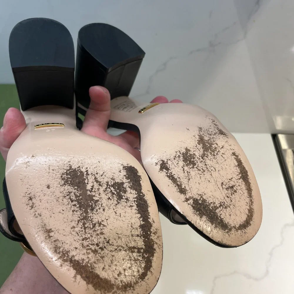 GUCCI - GG Marmont Leather Block Heel Sandal Black size 37 - US size 7 - Picture 4 of 8